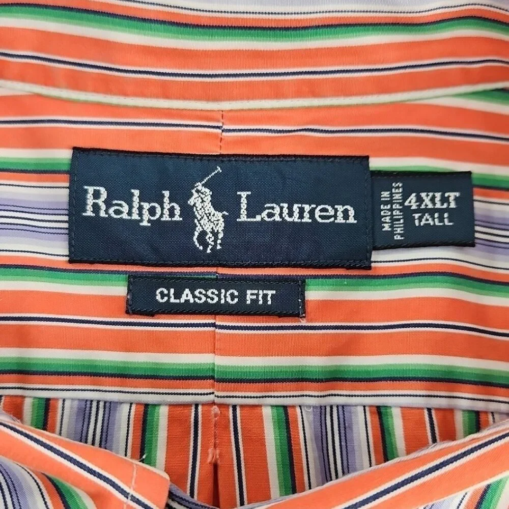 Polo Ralph Lauren Classic Fit Button‎ Down Shirt Men's 4XLT Orange Blue Stripe